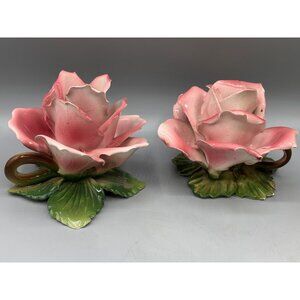 Vtg Capodimonte Pink Rose Flower Tapered Candle Holder Italy Handle